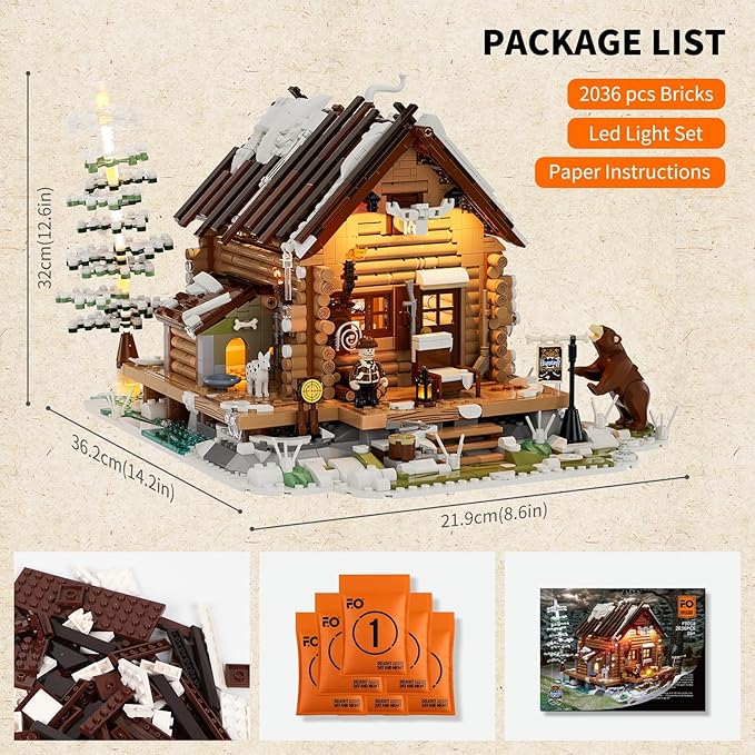 FUNWHOLE Hunting-Cabin Lighting Building-Bricks Set - Retro Wooden Cabin LED Light Construction Building Model Set 2036 Pcs for Adults and Teen