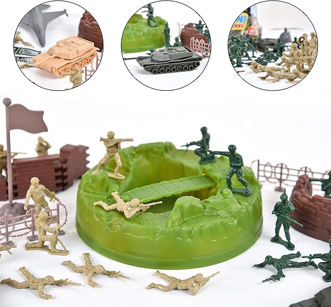 Sunny Days Entertainment Military Battle Group Bucket Over 100 Assorted Soldiers and 20 Accessories Toy Play Set for Kids, Boys and Girls | Plastic Army Men Figures with Storage Container