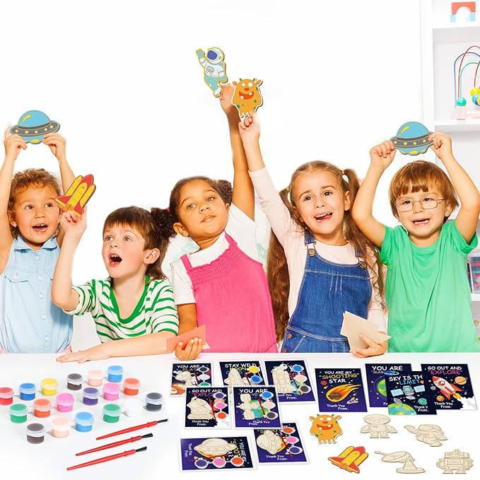 24Pcs Space Party Favors Space Cards with Art Supplies Outer Space DIY Wood Painting Craft Kits Astronaut Thank You for Coming Gifts for Kids Boys Girls Solar System Birthday Gift Bulk (Pre-Assembled)