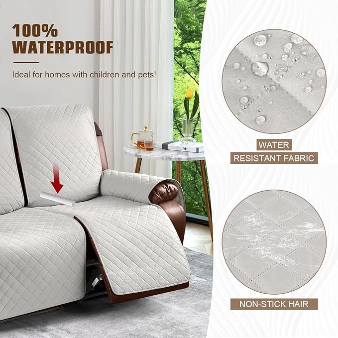 KinCam Waterproof Oversized Loveseat Recliner Cover, Non-Slip Reclining Couch Covers for 2 Seat, Recliner Sofa Cover Furniture Protector with Elastic Straps for Kids, Pets, Beige