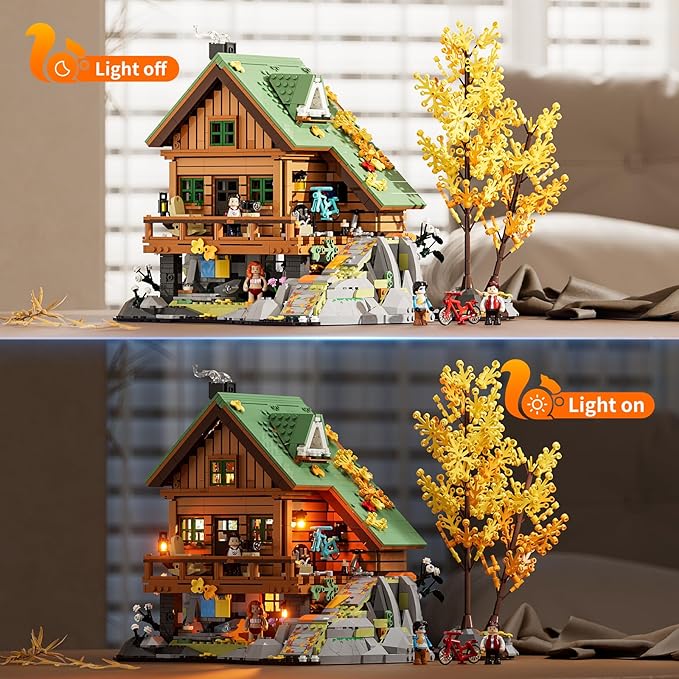 FUNWHOLE Mountain-Cabin House Lighting Building-Bricks Set - Friends Mountain House and Treehouse Collection LED Light Building Set 2255 Pcs for Adults and Teen