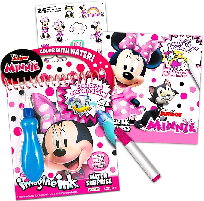 Disney Shop Minnie Mouse Paint with Water Super Set for Kids Toddlers Bundle ~ 2 Mess Free Books with Water Surprise Brush, Pen and Stickers (Minnie Mouse Party Supplies)