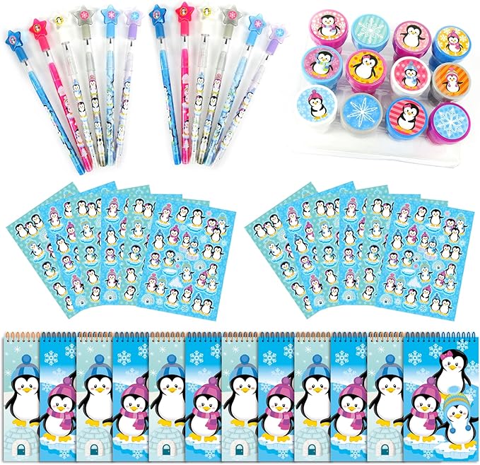 TINYMILLS Penguins Birthday Party Favor Set (12 multi-point pencils, 12 stampers, 12 sticker sheets, 12 small spiral notepads) Winter Party Favors for Classrooms