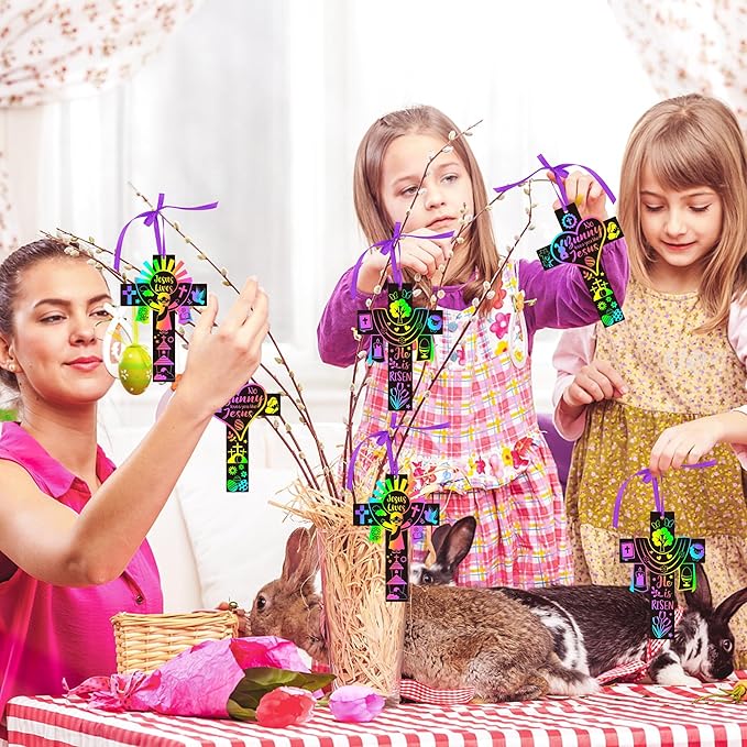 WATINC 60pcs Cross Scratch Cards, Resurrection Cross Magic Scratch Paper DIY Art Ornaments, Color Crafts Kit for Kids, Christian Religious Easter Sunday School Classroom Supplies Decorations