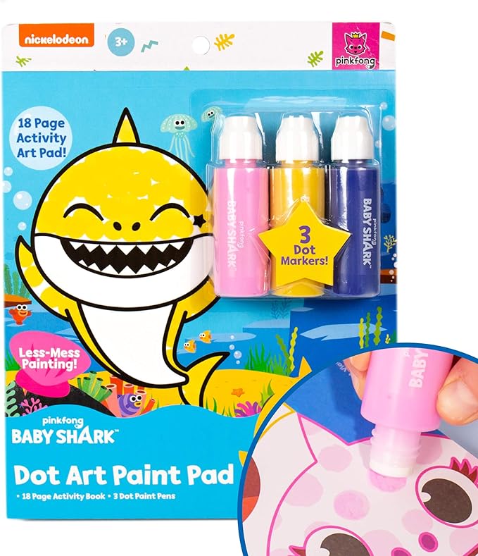 Horizon Group USA Baby Shark Dot Art Pad, Paint and Decorate a Baby Shark Coloring Book with 18 Pages, Includes 3 Dot Markers for Less-Mess Painting, Baby Shark Art Set, Baby Shark Arts and Crafts