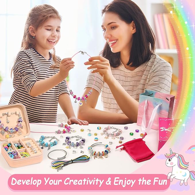 Charm Bracelet Making Kit for Girls, 140 PCS DIY Craft Bead Sets Jewelry Making Kit for Teen Girls Age 8-12, Portable Bracelet Organizer Gift Box for Teenage Birthday Christmas Stocking Gift