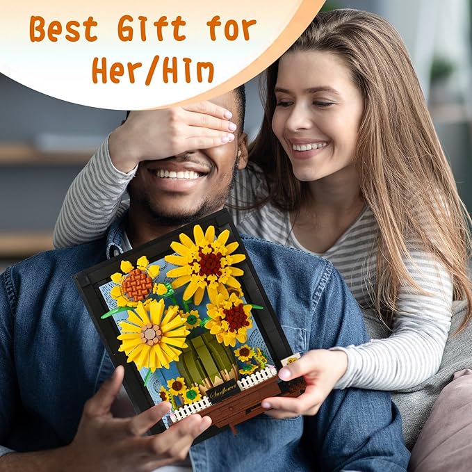 Topdear 3D Sunflower Building Block Sets with Frame, Sunflower Flower Bouquet Building Set for Kids Age 6+, Adult, Creative Framed 3D Sunflowers Building Kit Gift for Mother's Day, Birthday, Christmas