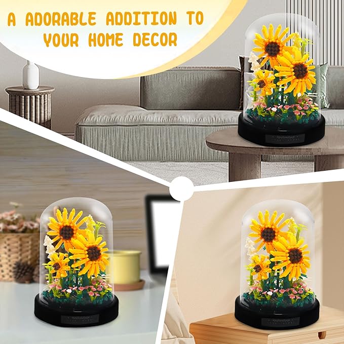 Topdear Sunflwer Building Block with LED String Light and Dust Cover, Flower Bouquet Building Set Gifts for Mothers Day, Valentines Day, Birthday, Anniversary, Christmas