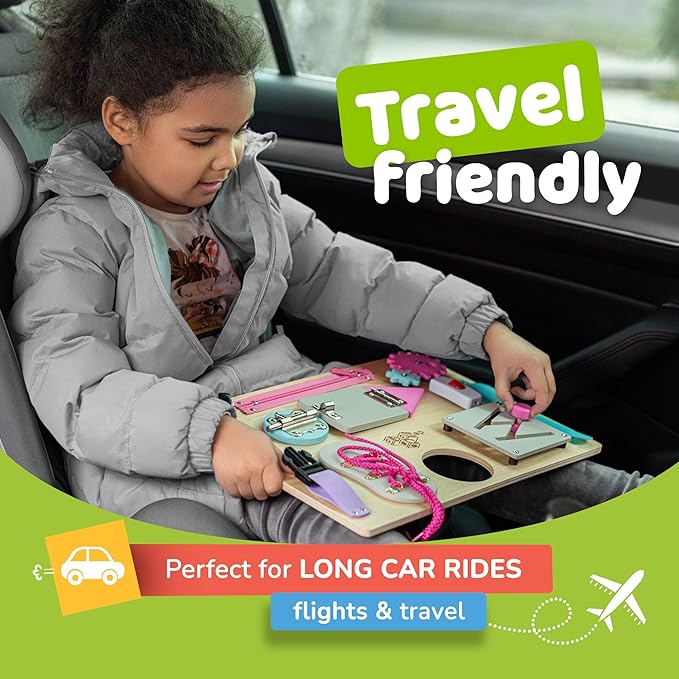 Busy Board Montessori Toys for Toddlers, Sensory Wooden Toy with 10 Preschool Learning Activities for Fine Motor Skills, Educational Plane and Car Travel Toy for Toddlers Boys and Girls