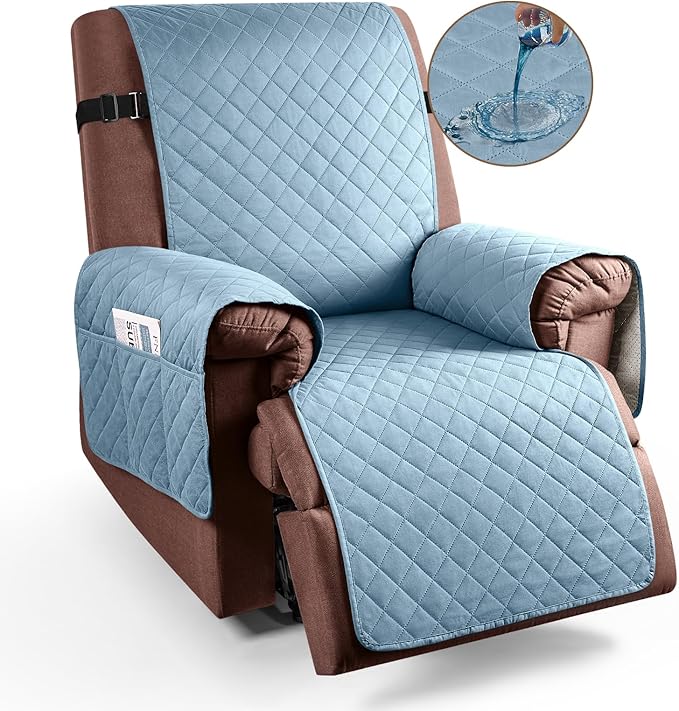 KinCam 100% Waterproof Recliner Chair Cover, Reclining Couch Covers for Pets, Dogs, Recliner Couch Slipcover Furniture Protector with Elastic Straps for Kids(23.6", Light Blue)