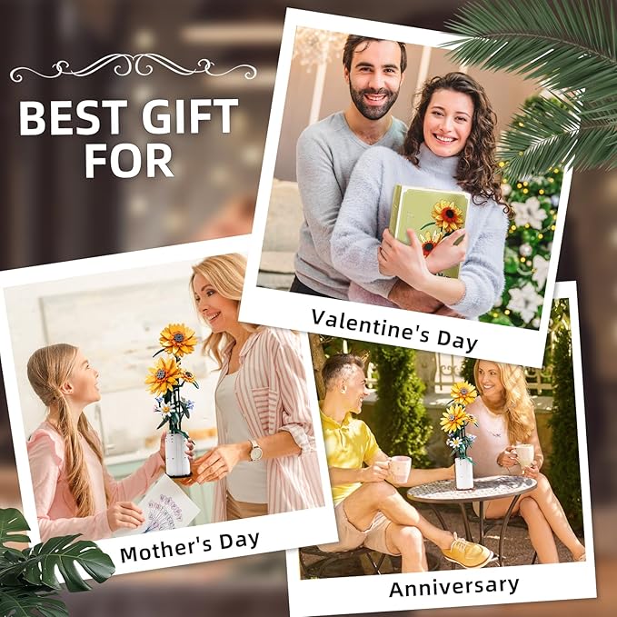 Bentex Sunflower Building Block Set, Beautiful Flower Bouquet with Vase for Adults Teens, Gift for Birthday Anniversary for Her & Him, Vibrant Home Decor for Flower Lovers (821pcs)