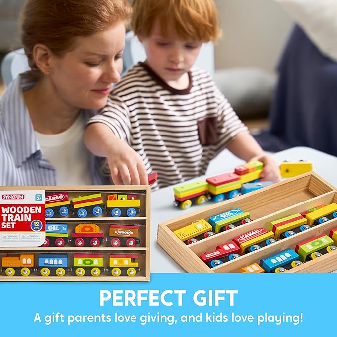 SYNCFUN Montessori Wooden Train Toy Set for Kids, 12PCS Magnetic Train Cars with Storage Gift Box, STEM Educational Toy for Boys & Girls, Ages 2-8 Years, Xmas Birthday Party Gift