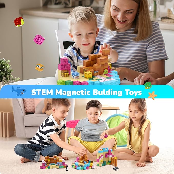 Magnetic Blocks 110PCS with 6 Animal Toys, Ocean Building Blocks Set, Toys for Boys & Girls Age 6-8, STEM Montessori Stacking Building Toys for Toddlers Sensory Toy for Kids 6+