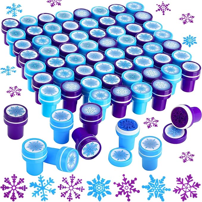 Skylety 60 Pieces Winter Snowflake Stamps for Kids Assorted Colored Frozen Stamps Plastic Snowflake Hand Stampers for Card Making Xmas Holiday Party Favors(Dark Blue, Light Blue)