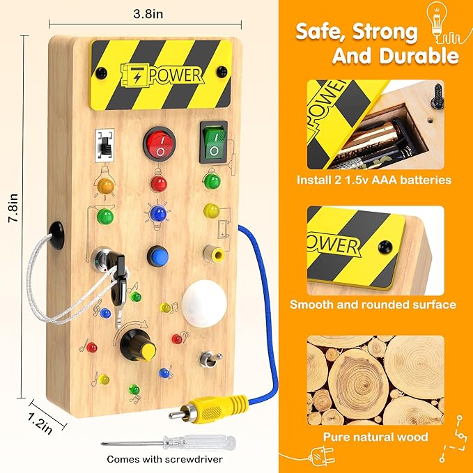 Montessori Toddler Toys-Baby Wooden Busy Board-Sensory Toys with Light Switch-Baby Travel Toys-Preschool Educational Learning Activities Toys-Gifts for Boys Girls Ages 1 2 3 4+ Year Old