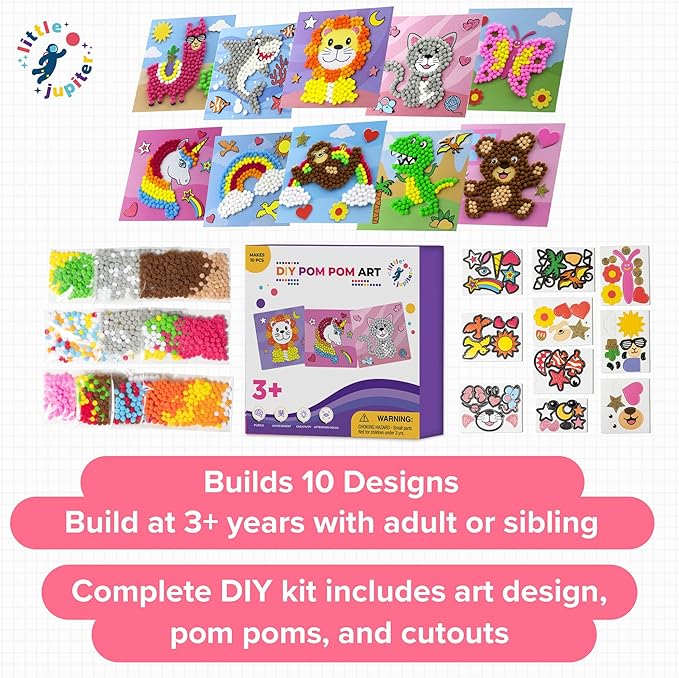 Little Jupiter DIY Pom Pom Art - Makes 10 Art Pieces -Boy & Girl Crafts for Kids Age 3-5 - Toddler Crafts Ages 3-5 - Kids Crafts 3-5 - Activities for Kids Ages 3-5 - Arts and Crafts for Kids (Set3)