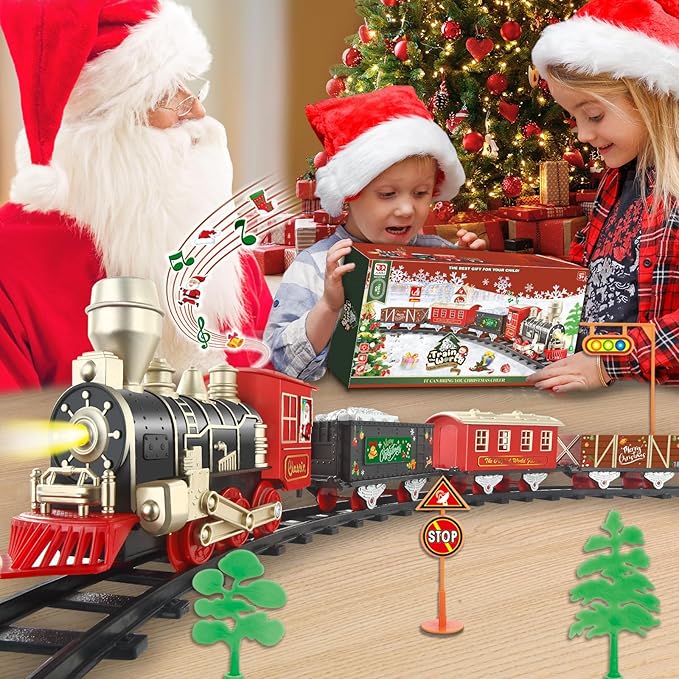 JUQU Train Set, Christmas Train Set for Around The Tree w/Lights & Xmas Sounds, Christmas Tree Train Toys, Electric Toy Train Set for Boys, Toddler Model Train Gifts for 3 4 5 6 7 8+ Years Old Kids