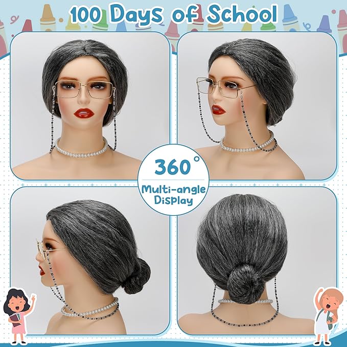 Old Lady Costume for Kids Women, 100 Days of School Black White Bun Wig Glasses Wig Cap Pearl Necklace Bracelet Accessories