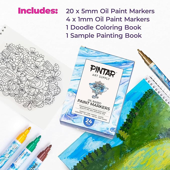 PINTAR | 24 PACK | Oil Based Paint Markers | Oil Paint Pens For Rock Painting,Glass, Wood, Plastic, Canvas, Paper, Metal, Ceramic, & Fabric | 20 Medium Tip & 4 Fine Tip