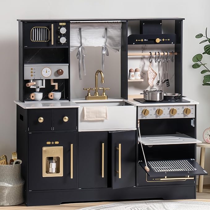 ROBOTIME Wooden Play Kitchen for Toddlers and Kids, Toy Kitchen Set with Ice Maker and Coffee Machine, Realistic Toddler Kitchen Set, Gift for Girls Boys Ages 3+