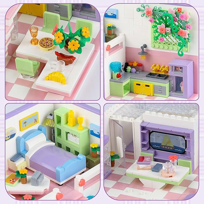 Mini Friends Duplex Apartment Building Sets for Adults, Bears Pink Dream House Kitchen Home Cottage Girly Collectible Display Modular Bricks Kits for Teens 14 14+ (1110 PCS)