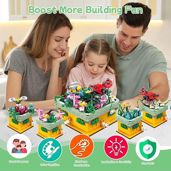 Toy Building Block, Insect Flowers Collection 4 in 1 Model Kit Bricks, Creative Insects Building Block Sets, Hobbies Christmas Birthday Gift for Nature Lovers Adult Kids Boys Girls 8+