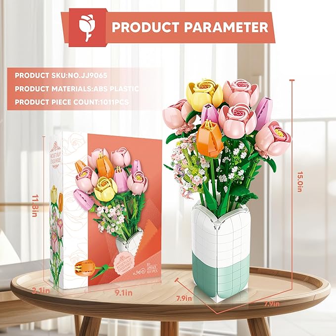 Flowers Bouquet Building Set Tulips Camellia with Vase for Adult -1011pcs Compatible with Lego