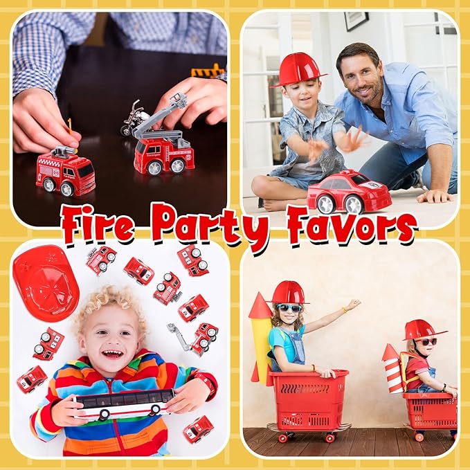 Poen 100 Pieces Mini Fire Engine Toy Trucks Firefighter Chief Soft Plastic Hat Silicone Bracelets Firefighter Birthday Party Supplies Fire Truck Toy Party Favor for Kids Boys Girls