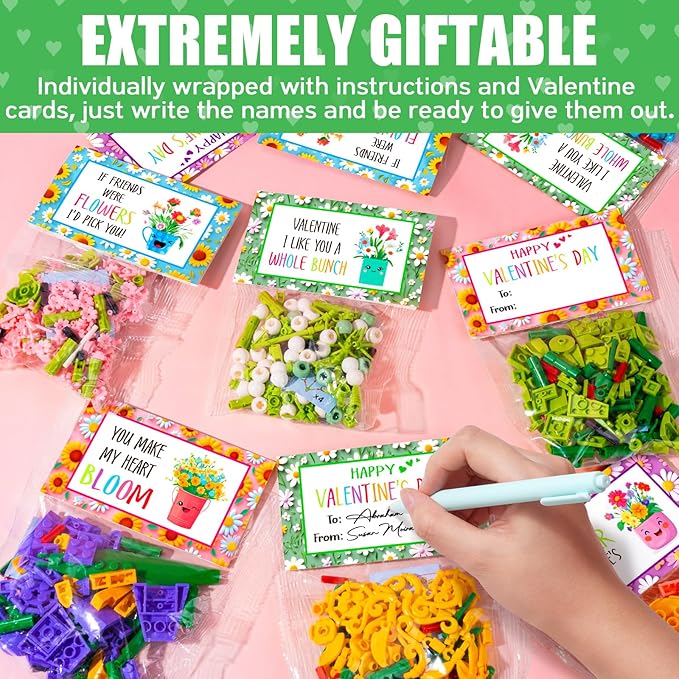 Valentines Day Gifts for Kids Teens, 24 Pack Sunflower Bouquet Building Blocks with Gift Cards for School Classroom, Bulk Boy Girl Kid Valentine Party Favors Exchange Goodie Bag Gifts Stuffers