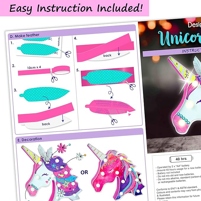 KRAFUN Easy DIY Unicorn LED Night Light Kids Lamp Kit for Girl Crafts – My First Beginner Arts and Crafts Gift, STEM STEAM Toys Painting Lamp with Marker for Age 5 6 7 8 9 10 11 12 Year Old