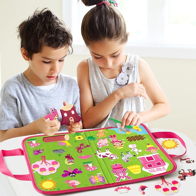 WATINC Pink Animals Felt Story Board - Farm Animal and Insect Bug Learning Flannel Portable Story Board Gift, Early Educational Storytelling Travel Interactive Play Kit for Classroom Kids Toddlers
