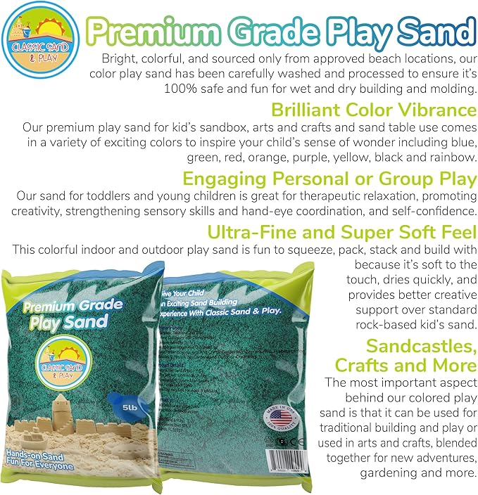 Classic Sand and Play Green Colored Play Sand, 5 lb. Bag, Natural and Non-Toxic, Fun Wet and Dry Indoor and Outdoor, Sandbox, Therapy, and Table Use, Building, Stimulate Sensory Needs