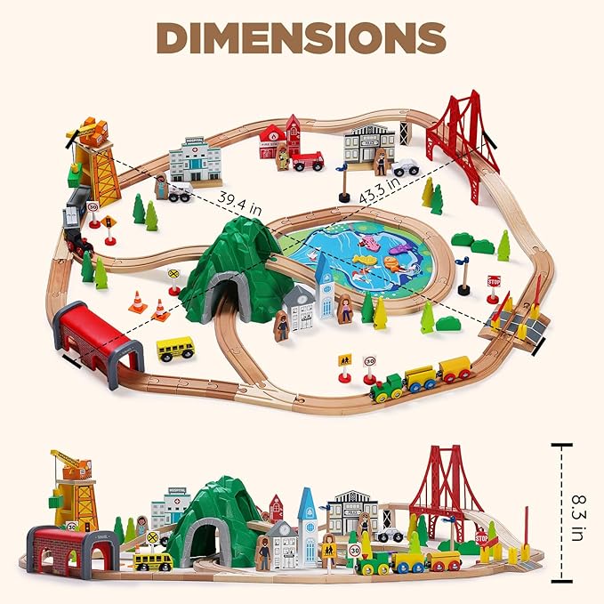 SainSmart Jr. 112-Piece Wooden Train Set for Toddler – Double-Sided Train Tracks, Compatible with Brio, Thomas, Melissa & Doug – Perfect Wood Toy for Boys and Girls