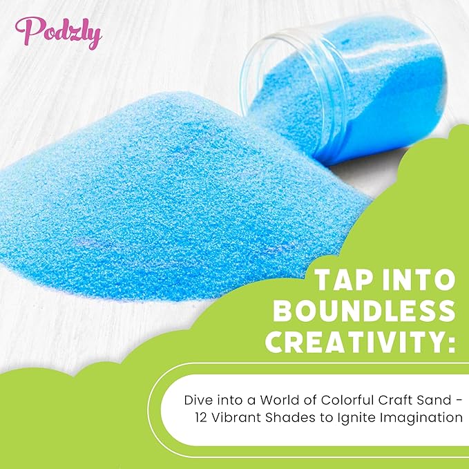 Podzly 16.5 Pound Colored Play Sand - Assorted Colorful Craft Art Available in 12 Colors! Perfect for Sand Art, Crafts, Kids' Projects, Rangoli Colors, and DIY Kits for Kids. Explore Your Creativity!