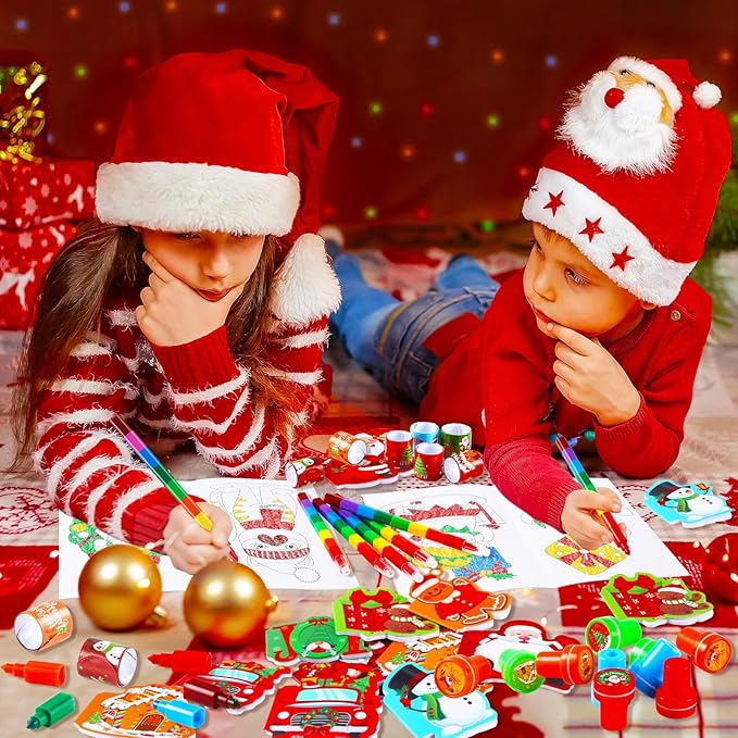 BenLouis Christmas Party Favors for Kids Christmas Classroom Gifts Prize Stockings Filler Coloring Books Bulk for Students Crafts Xmas Holiday School Goodie Bag Stuffer（12Set Christmas）