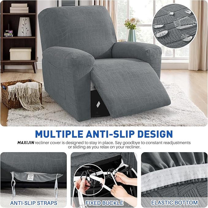 MAXIJIN Waterproof Recliner Covers for Large Recliner 3 Pieces Oversized Recliner Chair Covers, Washable Lazy Boy Reclining Slipcovers with Pockets for Pet, Kids (XL Recliner, Light Gray)