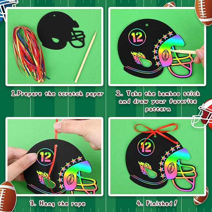 JULMELON 36 PCS Football Crafts for Kids, Rainbow Scratch Paper Art for Kids Football Party Favors Football Helmet Scratch Off Cards for Football Themed Birthday Party Supplies School Activities