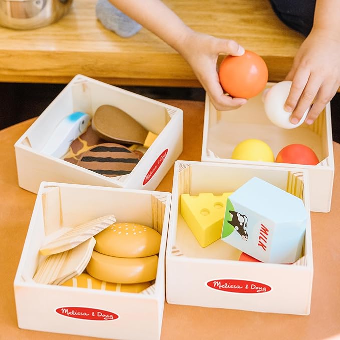 Melissa & Doug Food Groups - 21 Wooden Pieces and 4 Crates, Multi Play Food Sets For Kids Kitchen, Pretend Toy For Toddlers And Kids Ages 3+