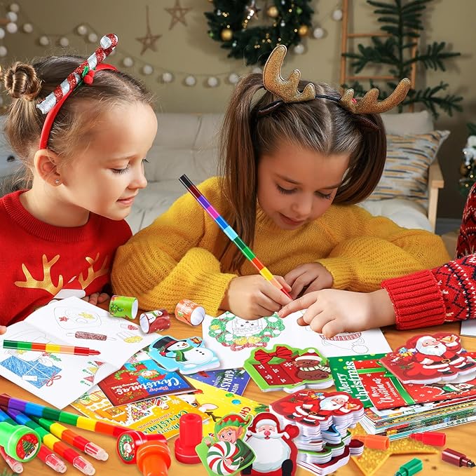 BenLouis Christmas Party Favors for Kids Christmas Classroom Gifts Prize Stockings Filler Coloring Books Bulk for Students Crafts Xmas Holiday School Goodie Bag Stuffer（12Set Christmas）