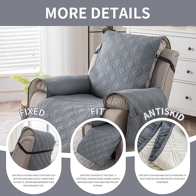 Easehomey 100% Waterproof Recliner Chair Covers, Non Slip Oversized Reclining Cover, Cover Furniture Protector Washable Chair Cover with Pocket,Elastic Straps for Kids,Pets,Dogs(Light Gray,28")