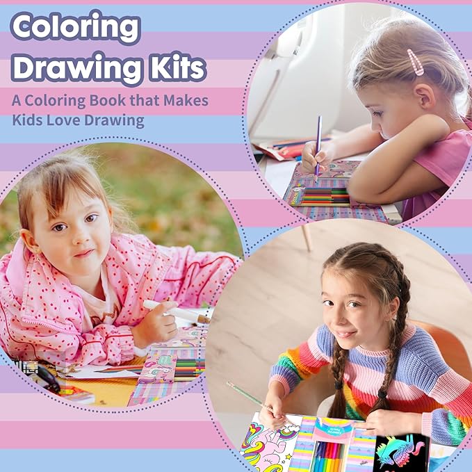 Unicorn Coloring Book Set with Coloring Pages & Colored Pencils, Art Supplies for Kids Ages 4-6-8, Arts Crafts Travel Coloring Kit for Girls 4 5 6 7 8 Year Old Birthday Gift