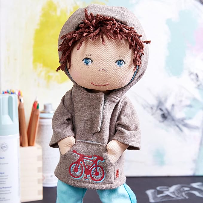 HABA Lian 12" Soft Boy Doll with Brown Hair, Blue Eyes and Embroidered Face (Machine Washable)