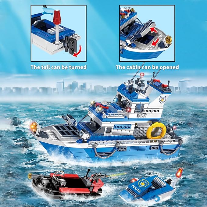 City Boat STEM Building Blocks Sets, Compatible with Lego City Police Boat and Ship Playsets, Rescue Boats That Float Toy Building Kit for Boys 6 7 8 9 10 11 12（480 Pcs）