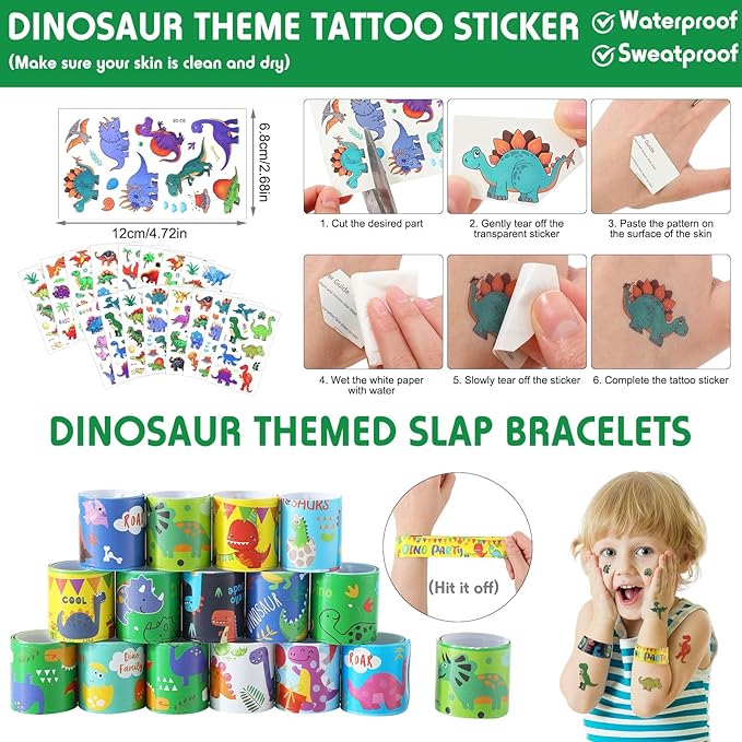 Qilery 195 Pcs Mermaid Party Unicorn Party Dinosaur Party Shark Party Favors Includes Plastic Cup with Lid Straw Keychain Bracelet Ring Stamper Stickers Tag For Party Favors Piñata Filling (Dinosaur)