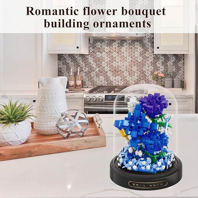Roses Flower Bouquet Set,Mini Bricks Botanical Collection Flowers Building Blocks,Assembly Bonsai Tree Friends Sets, Valentine's Anniversaries Birthday Gift for Women Friends Adults(Blue)