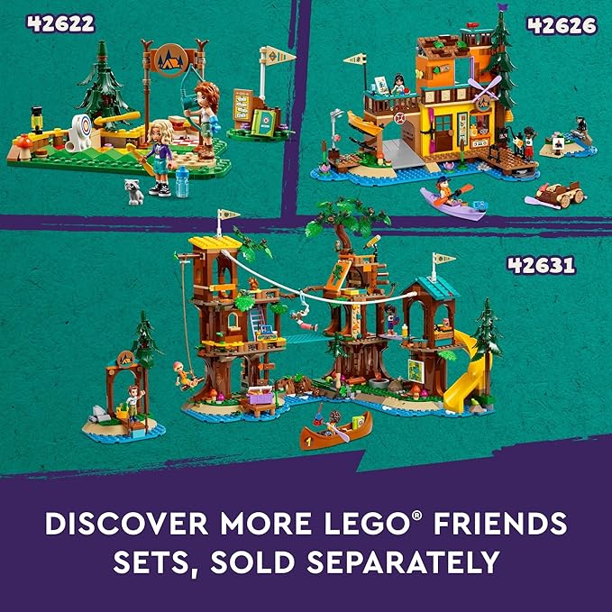 LEGO Friends Adventure Camp Cozy Cabins Camping Toy, Kids’ Nature Playset, Pretend Play Toy with 3 Mini Doll Characters and a Fox Toy Figure, Birthday Gift Idea for 7 Year Olds and Up, 42624