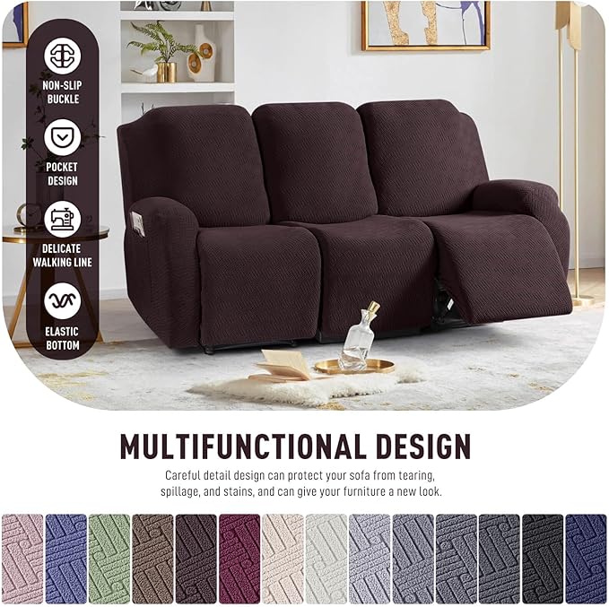KinCam Recliner Covers, Stretch Reclining Chair Covers, Recliner Sofa Slipcovers Stripe Jacquard Recliner Couch Covers Furniture Protector Covers for Pet Kid (3 Seater, Chocolate)