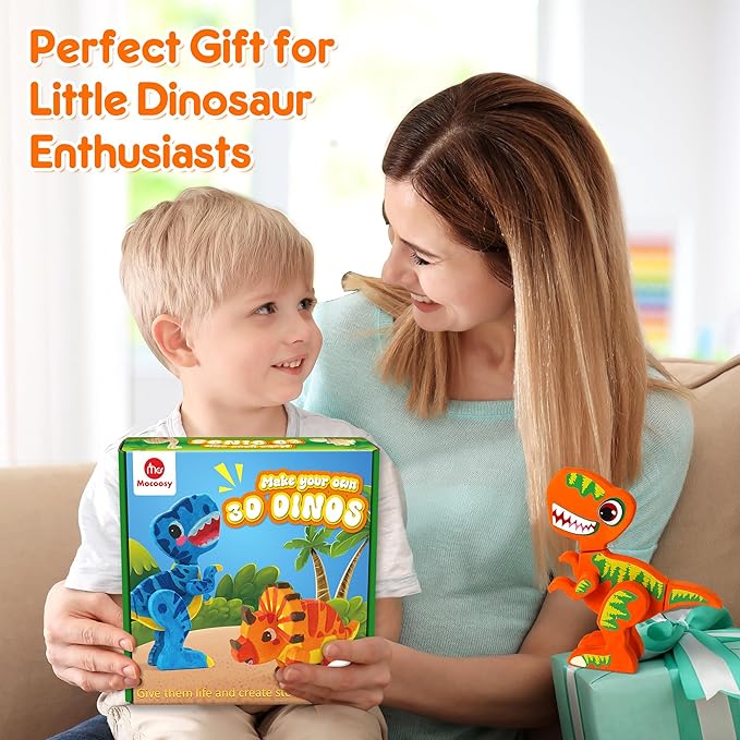 Mocoosy Wooden Dinosaur Painting Art Craft Kit for Kids 3-5, Wood Take Apart Dinosaur Snap Together Building Toy, Build Your Own Dinosaur with Paint and Stickers STEM Game Creative Gift for Boys Girls