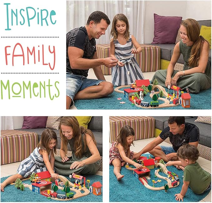 Wooden Train Set - 69 Pieces Wooden Train Tracks & Trains for Kids, Toddler Boys and Girls 3,4,5 Years Old and Up– Premium Wood Construction Toys -Fits Thomas, Brio, IKEA, Melissa and Doug