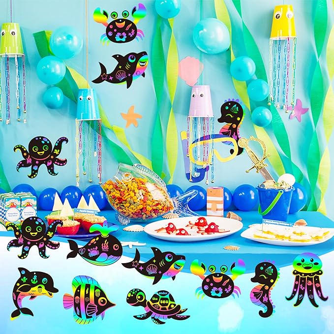 CY2SIDE Ocean Animals Scratch Cards - 63PCS DIY Under The Sea Magic Art Rainbow Color Craft Scratch Kit for Kids Dolphin Tortoise Scratch Card Art Kit for Kids Birthday Party Favors School Activity